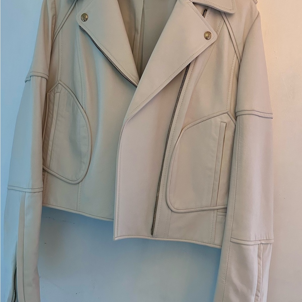 Diane Von Furstenberg White Motorcycle Jacket with gold accents - Picture 3 of 8